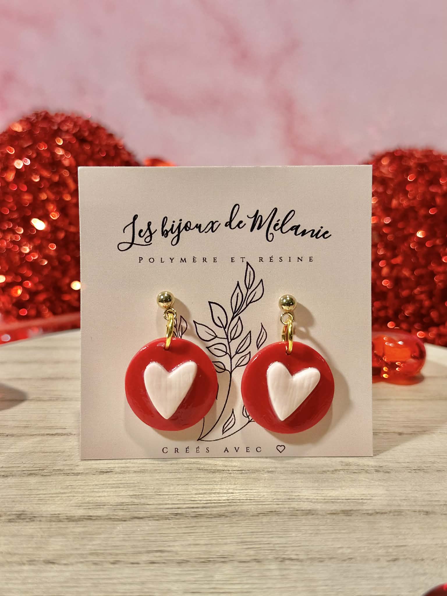 Boucles d'oreilles cœur rose rouge artisanales - Acier inoxydable