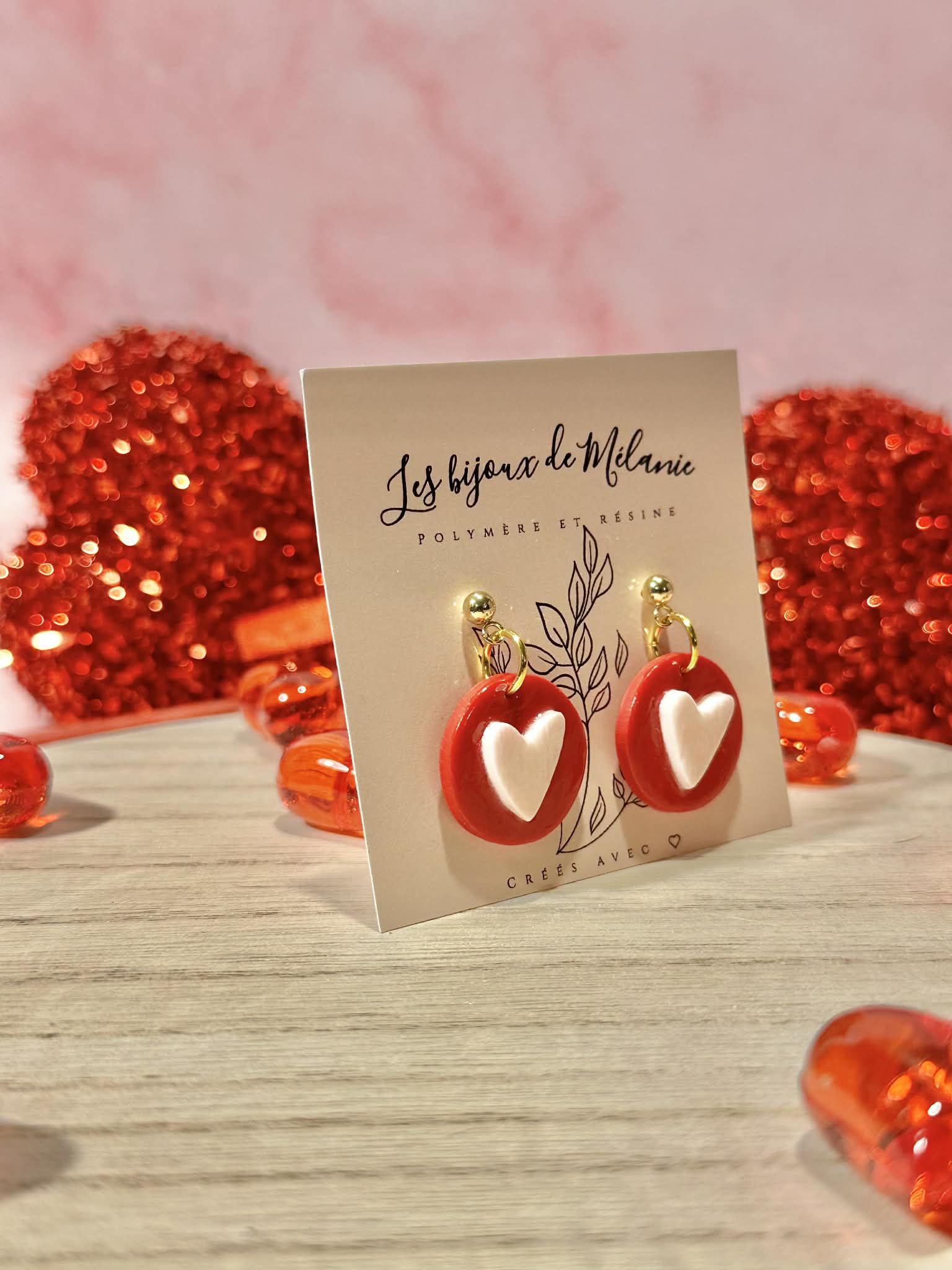 Boucles d'oreilles cœur rose rouge artisanales - Acier inoxydable