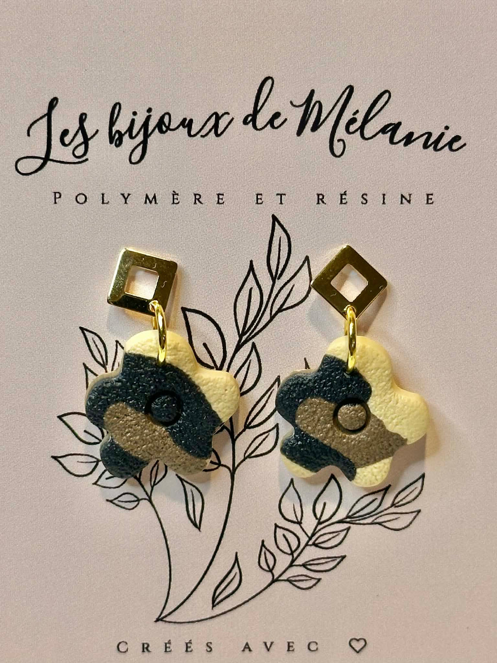 Textured flower drop earrings with leopard print