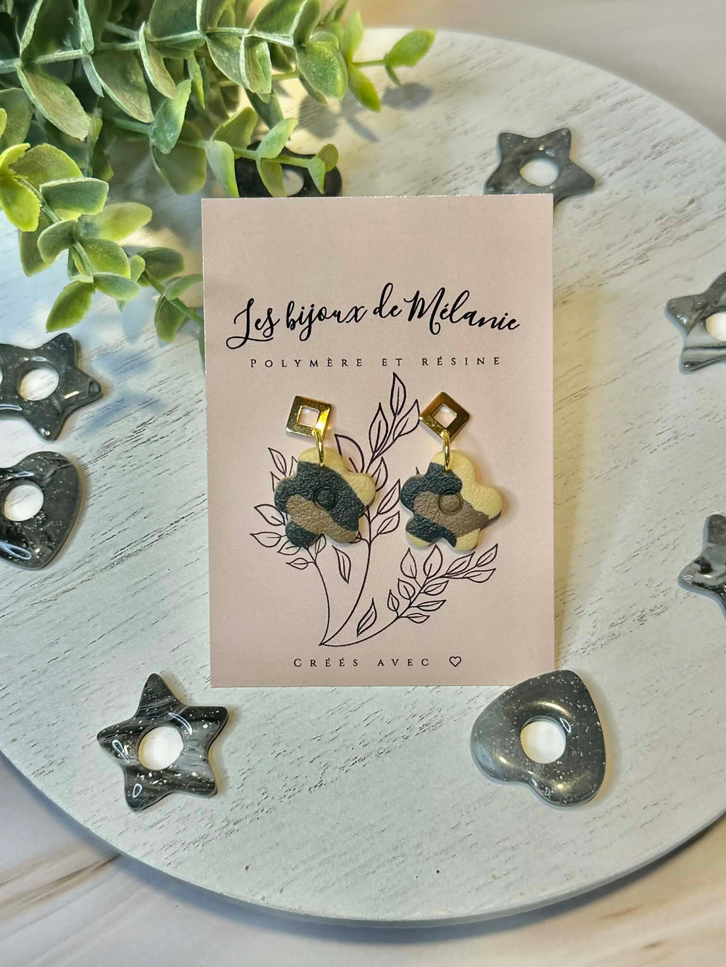 Textured flower drop earrings with leopard print