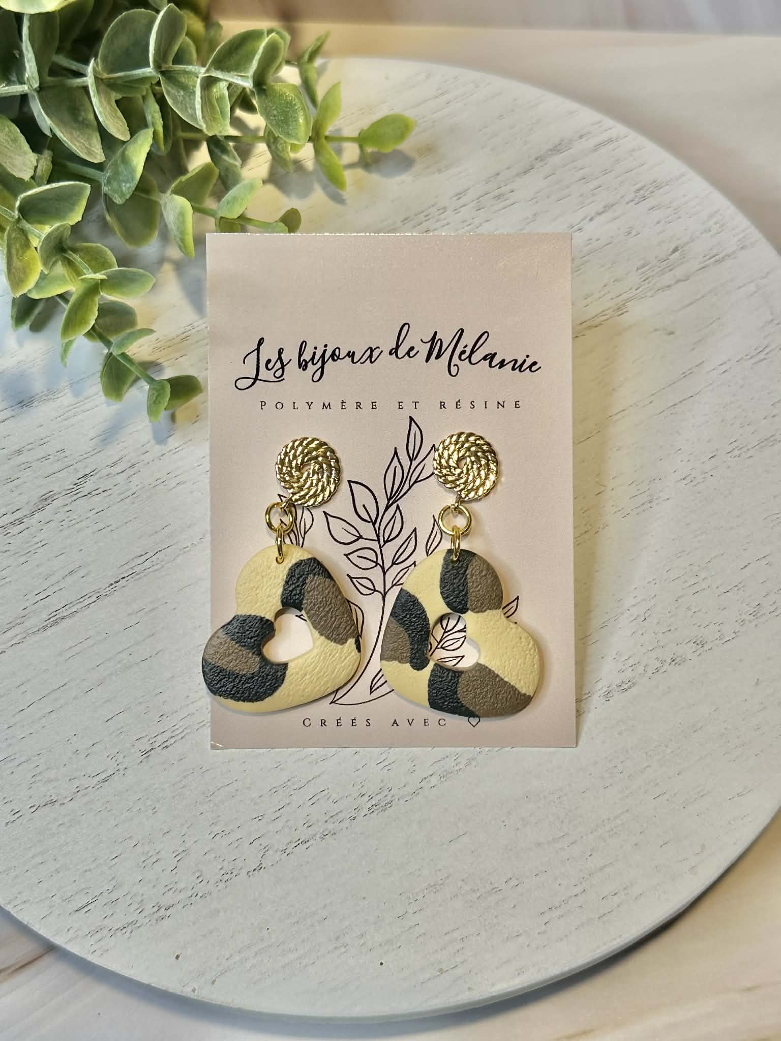 Boucles d'oreilles cœur léopard - Bijoux artisanaux acier inoxydable