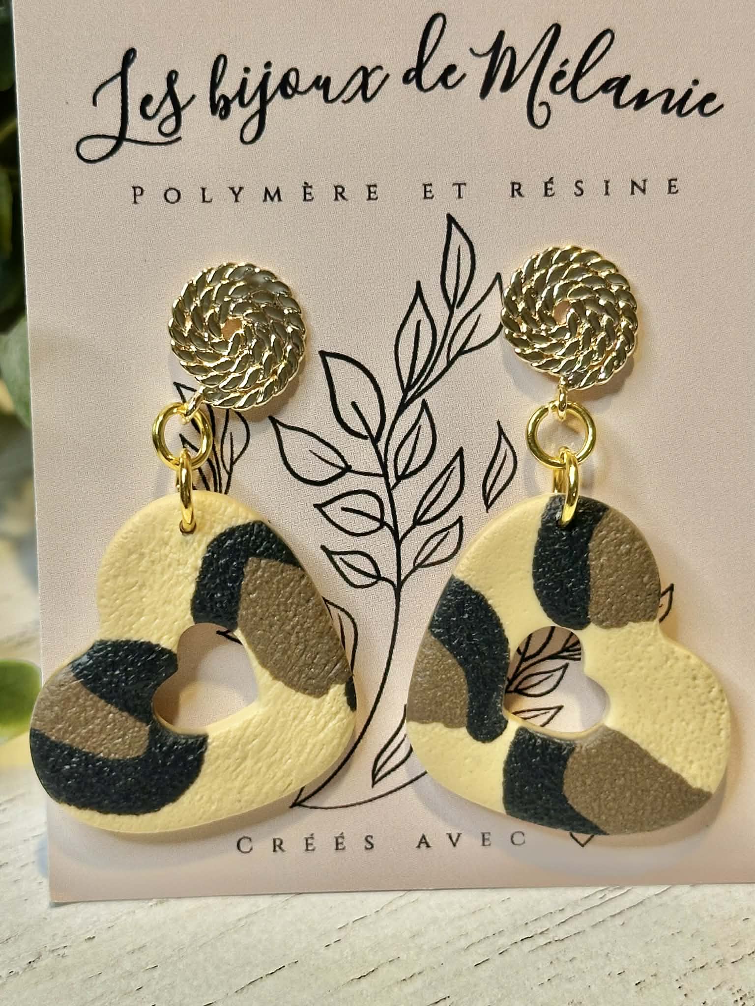 Boucles d'oreilles cœur léopard - Bijoux artisanaux acier inoxydable